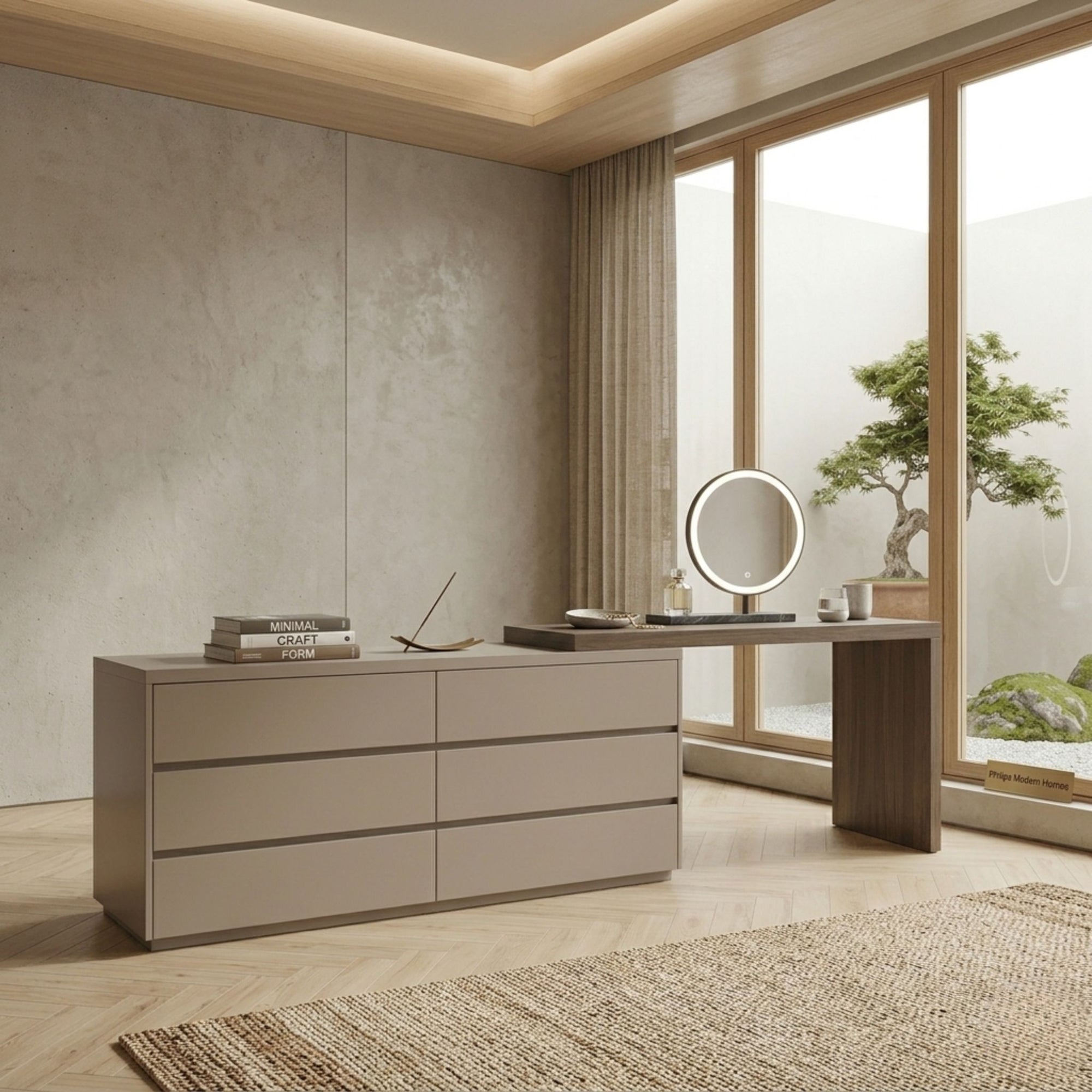 Pavilion Grand Dressing Station by Philips Modern Homes in a Japandi-style interior featuring a modular solid wood 6-drawer dresser, integrated vanity table, and bonsai garden view