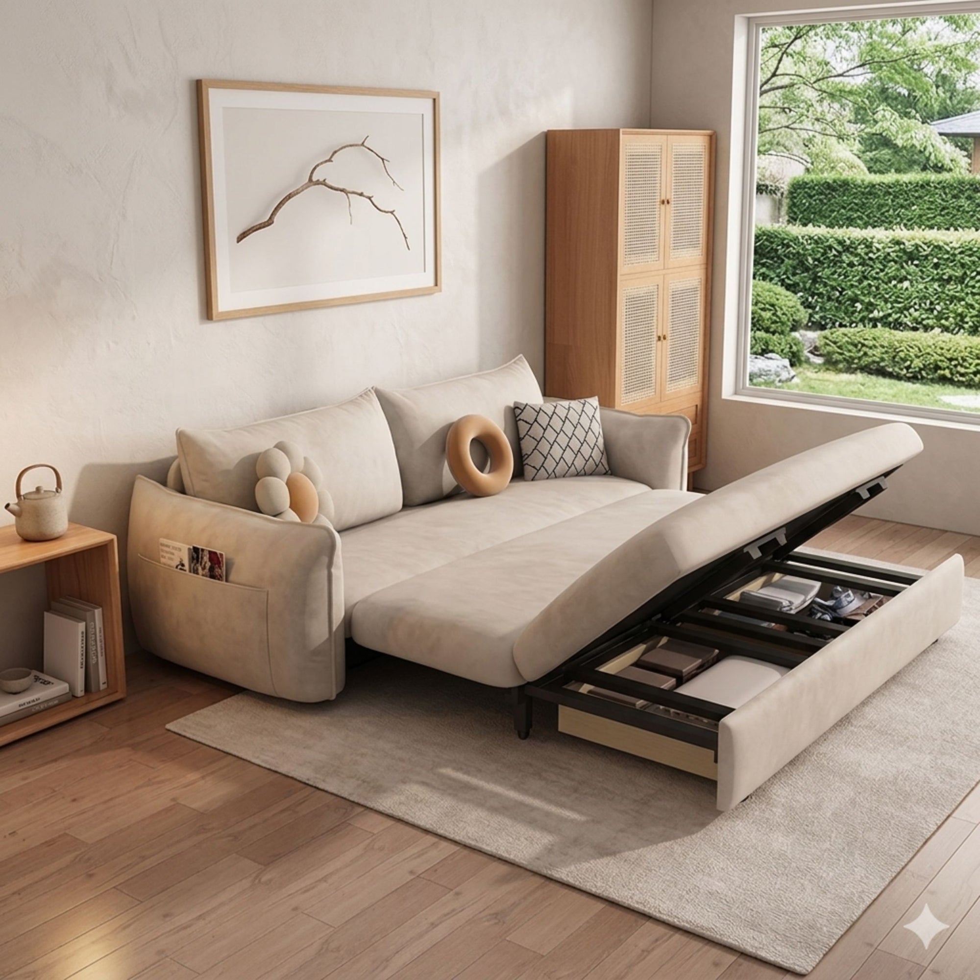 High-capacity hidden storage compartment under the seat of the Nordic Luxury Sofa Bed, ideal for pillows and linens.