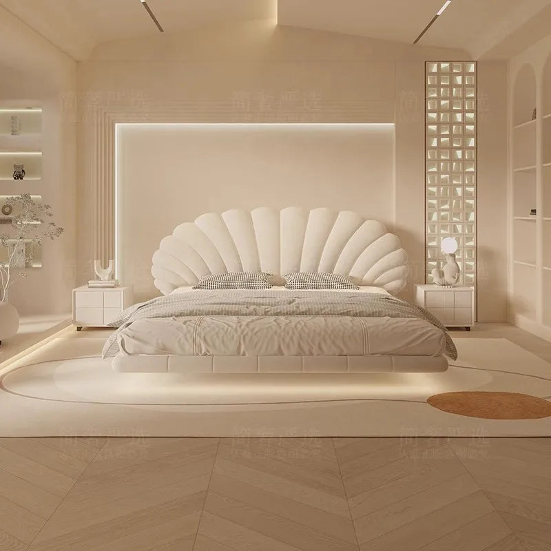 Floating Lighted Bed with Headboard in Seashell Style