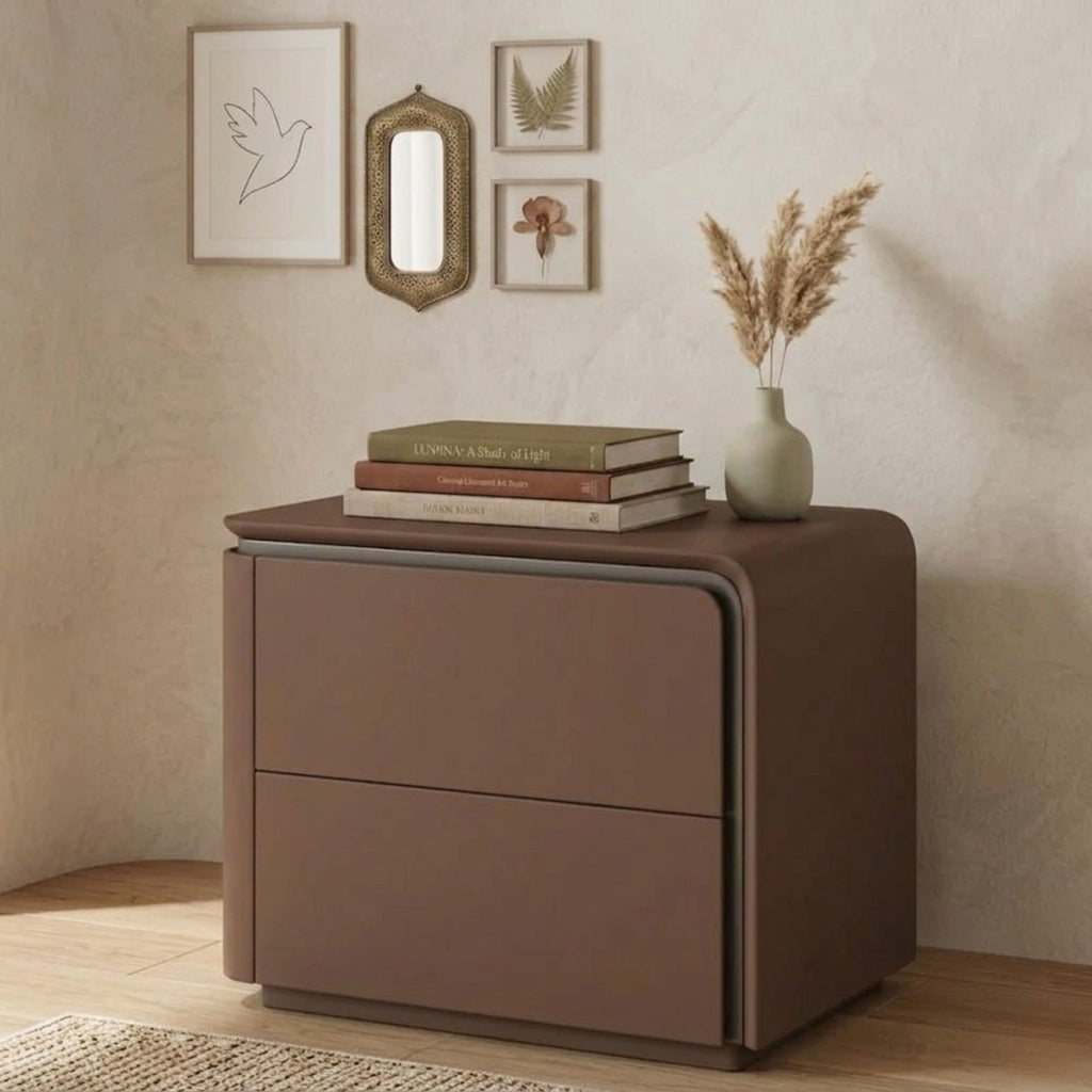 A Japandi-inspired lifestyle view of the Nordic Horizon nightstand in a contemporary bedroom setting with neutral tones and minimalist decor edges
