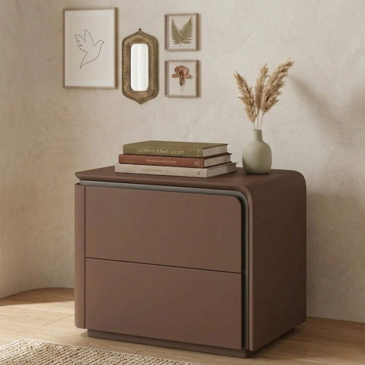 A Japandi-inspired lifestyle view of the Nordic Horizon nightstand in a contemporary bedroom setting with neutral tones and minimalist decor edges