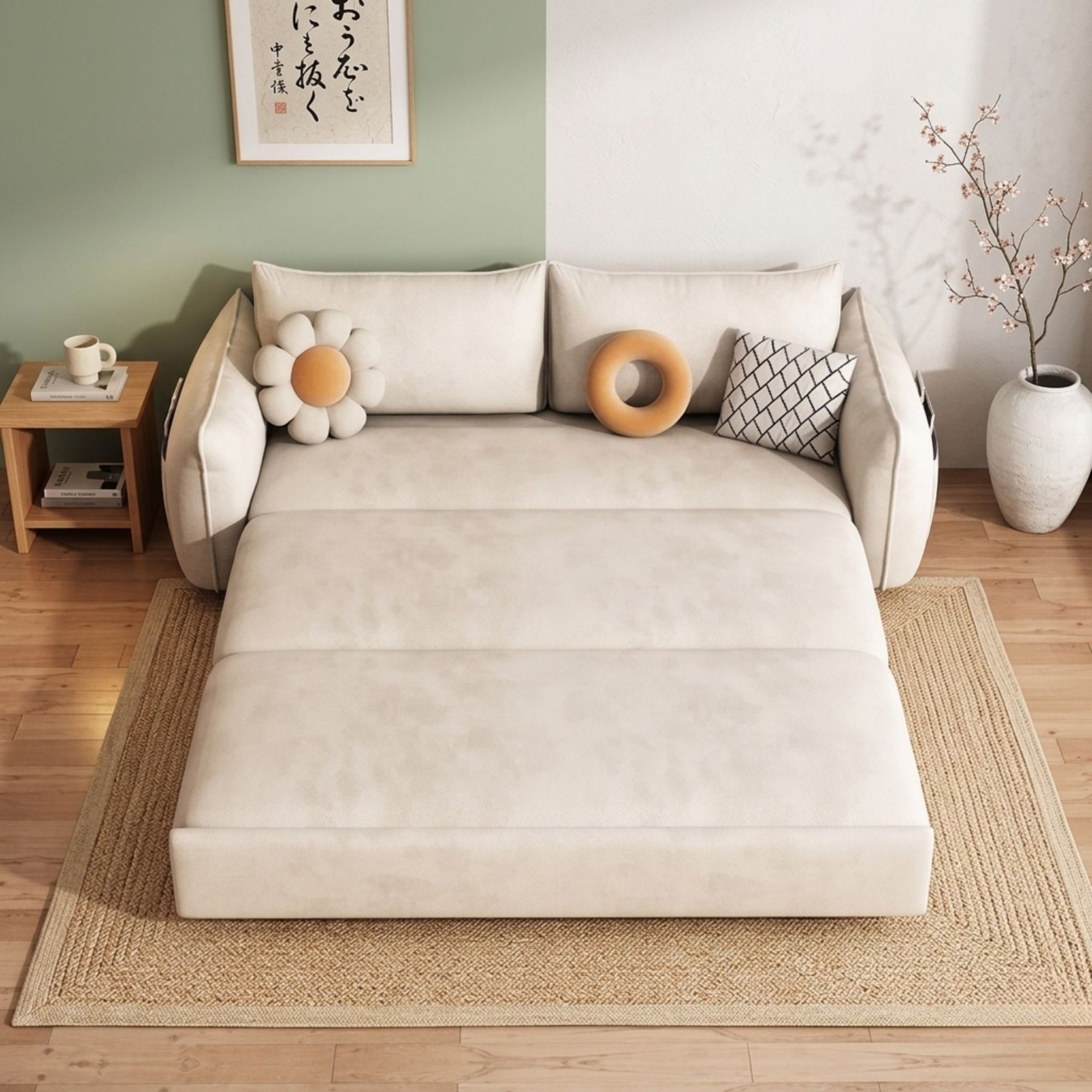 Nordic Luxury Sofa Bed extended into a guest sleeper guest bed, styled in a Japandi-aesthetic living room with sage green accents.