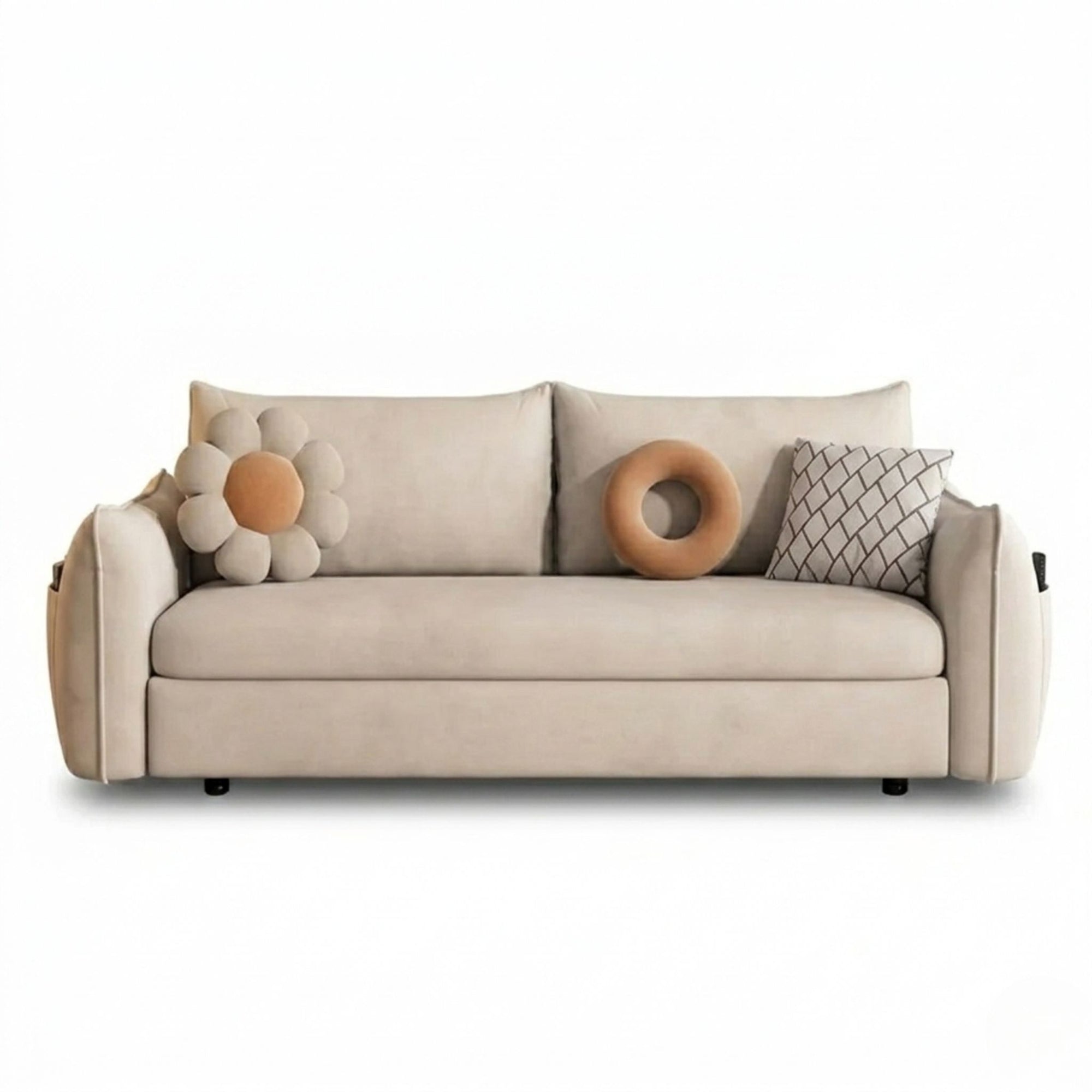 Nordic Luxury Storage Sofa Bed in cream fabric, front-facing view on a clean white background for modern minimalist living.