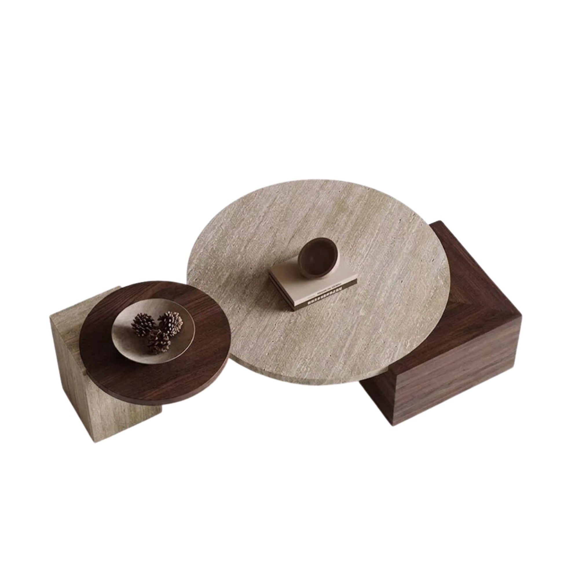 Primary studio shot of the Travertine and Walnut nesting table set on a clean white background for Google Merchant Center compliance