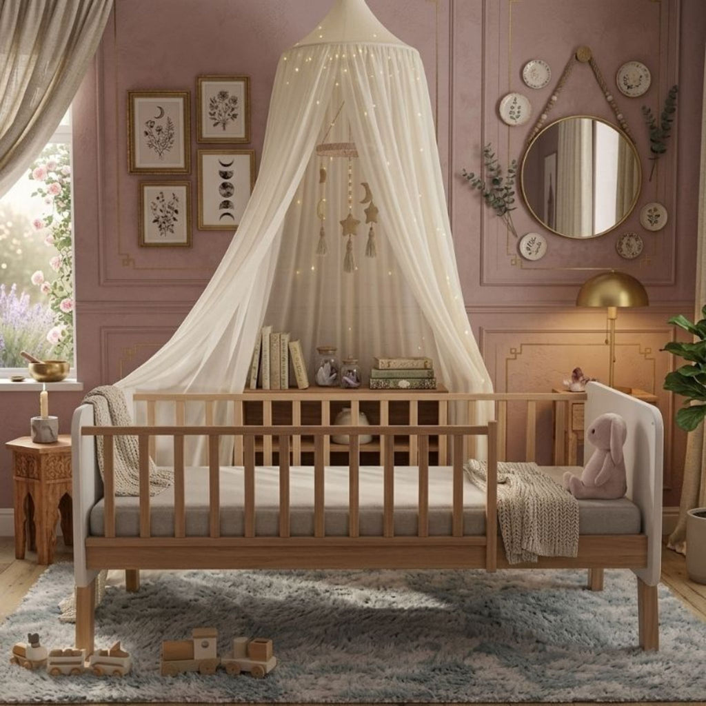 Close-up of the smooth natural wood finish and rounded corners on the Norse Modern toddler bed
