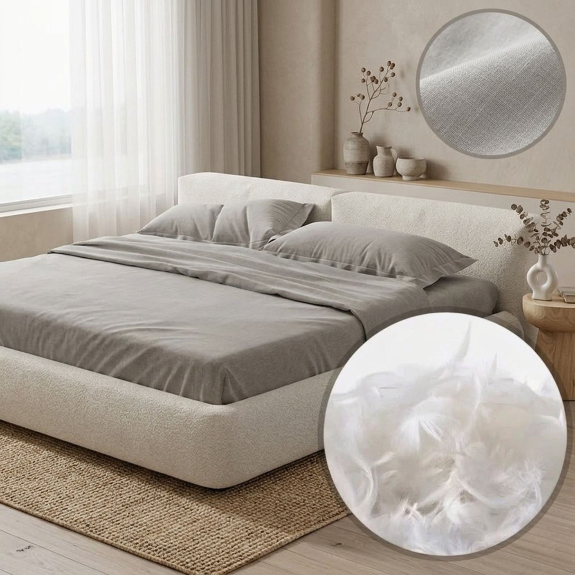 Close-up of the plush bouclé headboard showcasing the high-loop weave and rounded architectural edges