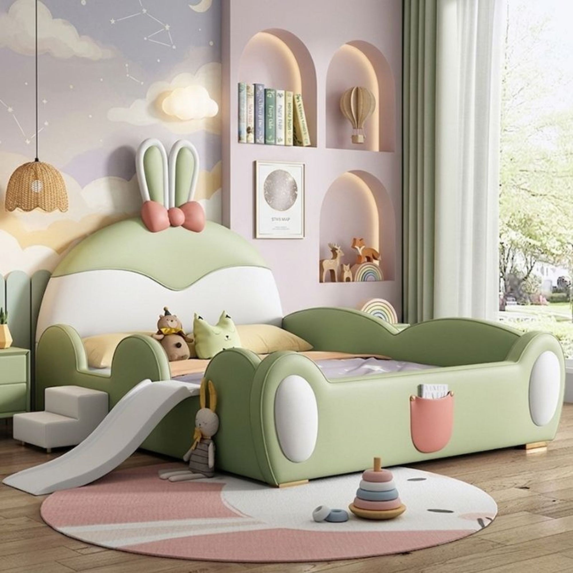 Detailed view of the plush bunny-ear headboard with a soft pink bow accent on the Pastel Bunny loft bedframe
