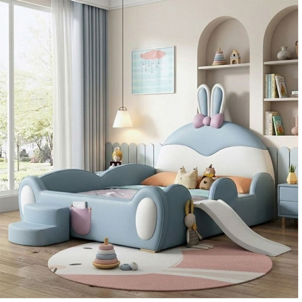 Detailed view of the soft-padded safety steps and smooth slide transition for the Pastel Bunny elevated bedframe