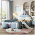 Detailed view of the soft-padded safety steps and smooth slide transition for the Pastel Bunny elevated bedframe