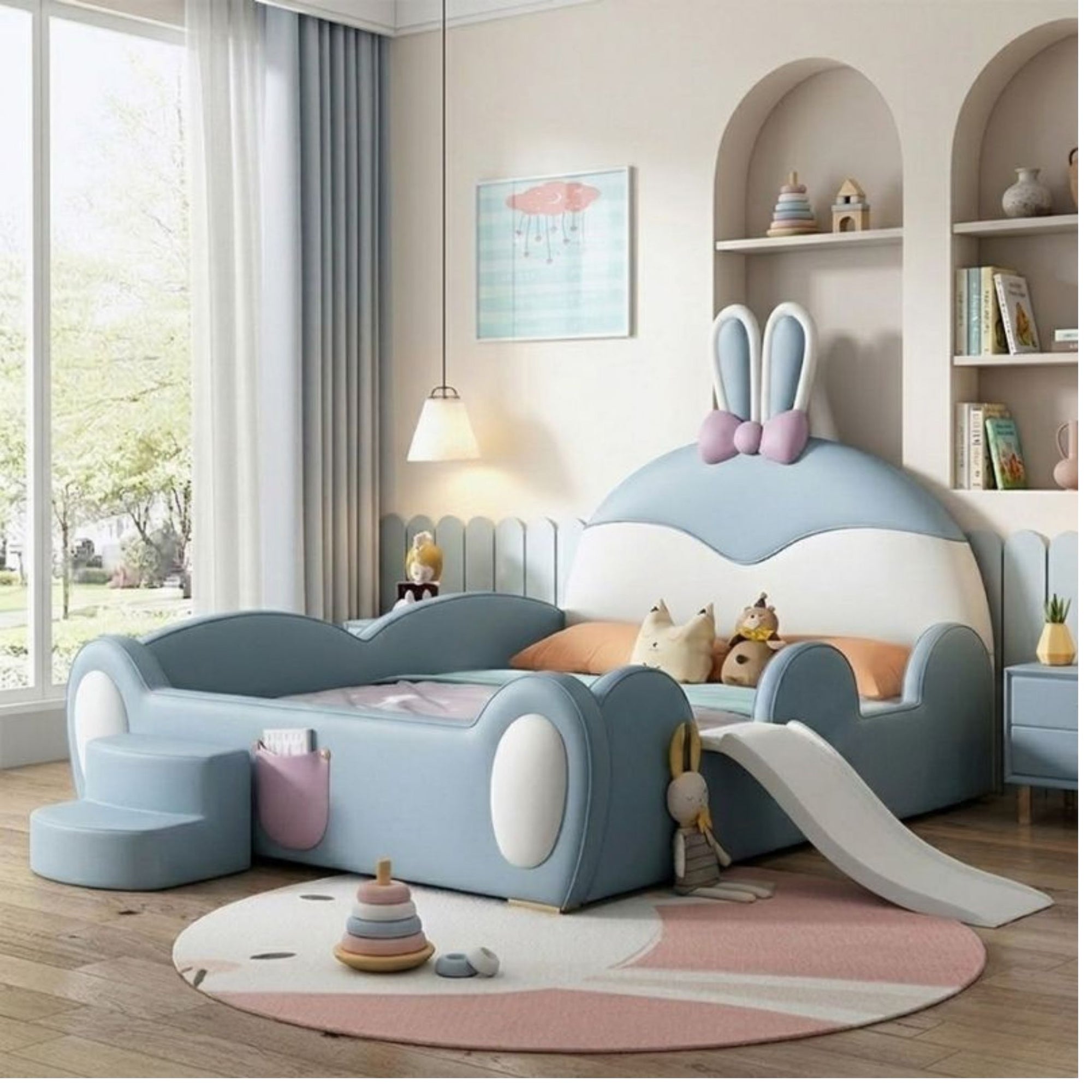 Detailed view of the soft-padded safety steps and smooth slide transition for the Pastel Bunny elevated bedframe