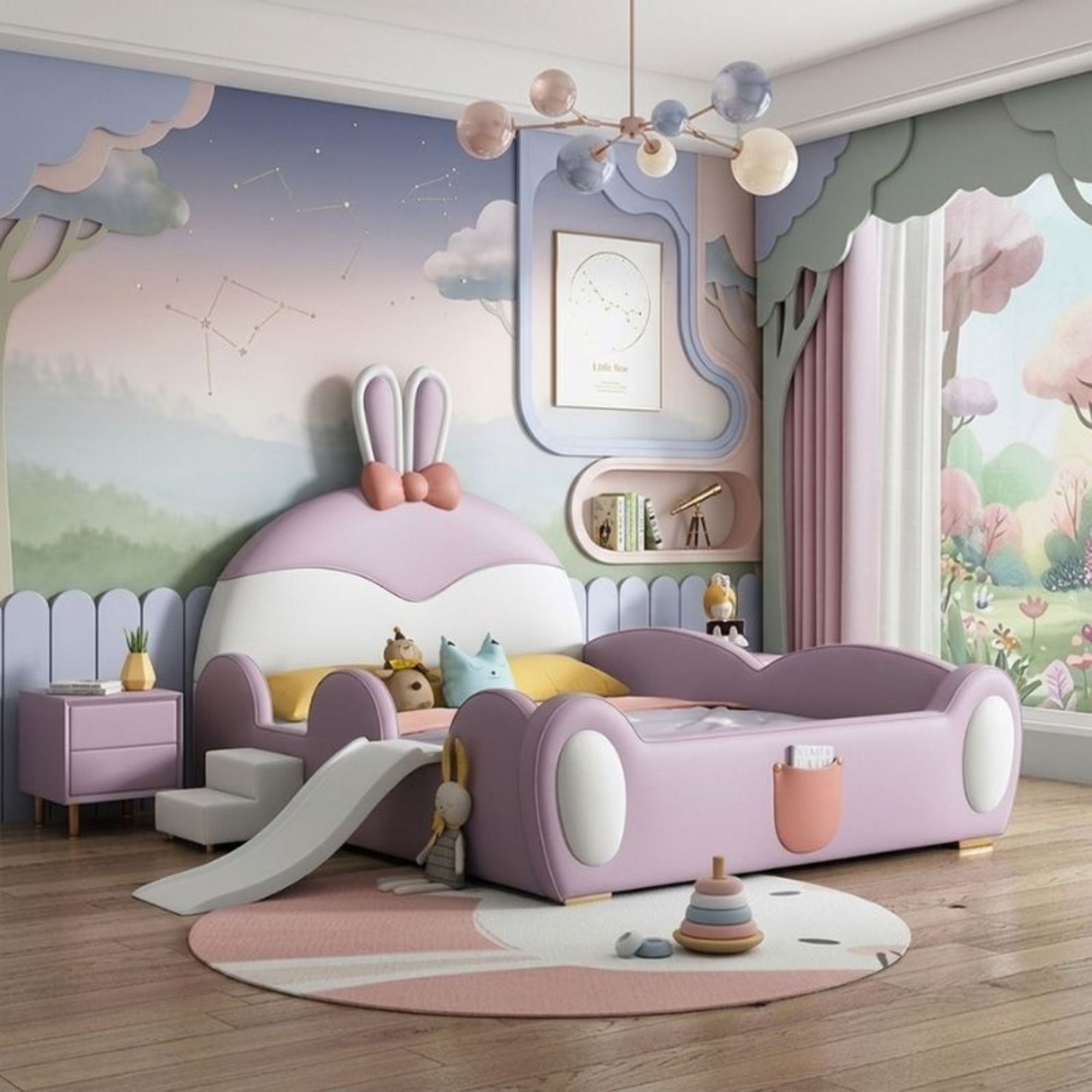 Detailed view from a front-side angle of the purple Pastoral Bunny bedframe, highlighting the soft integrated storage pocket on the footboard, handcrafted by Philips Modern Homes