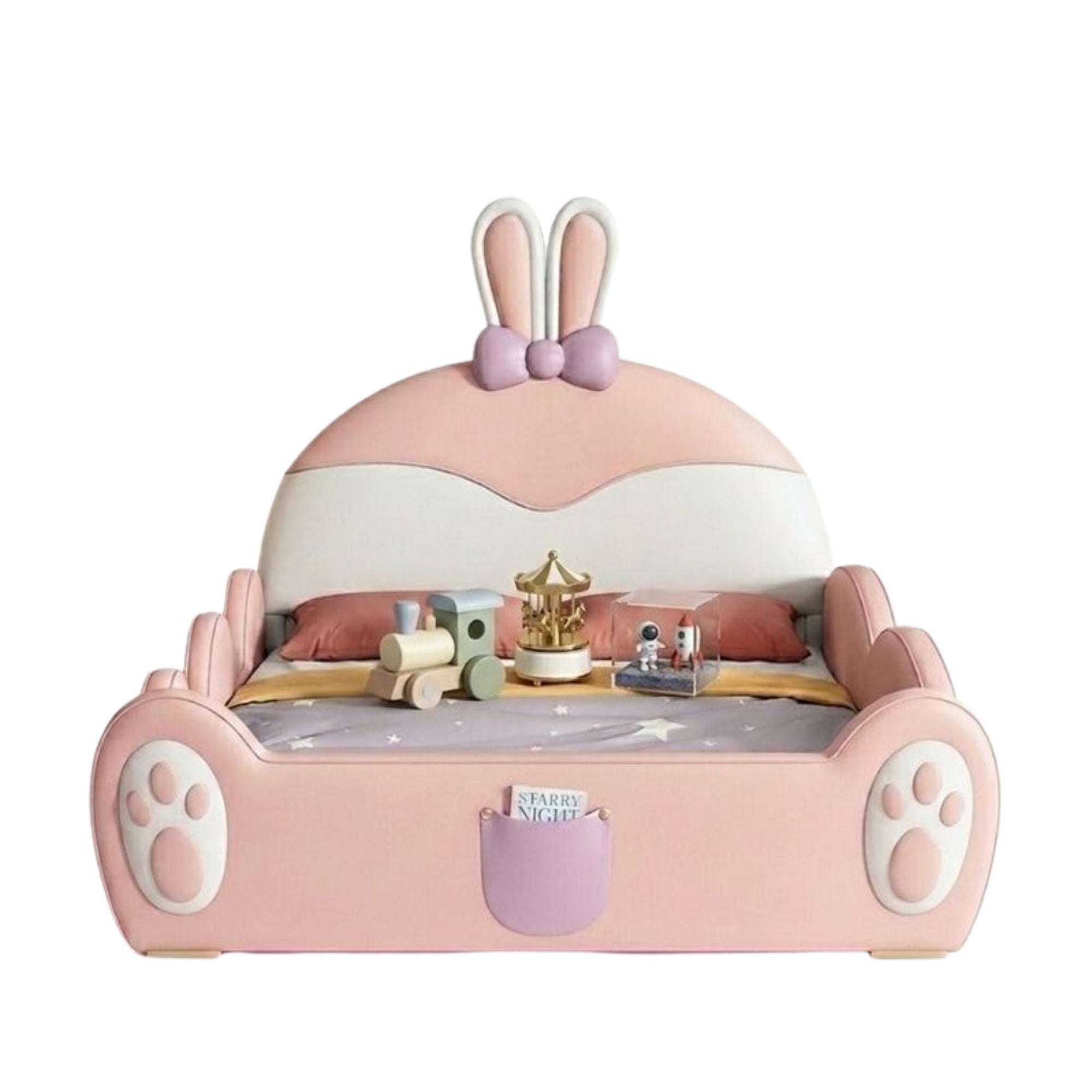 Pastel Bunny Loft Play & Sleep Bedframe in sage green and white, featuring a bunny-ear headboard and integrated slide, handcrafted by Philips Modern Homes