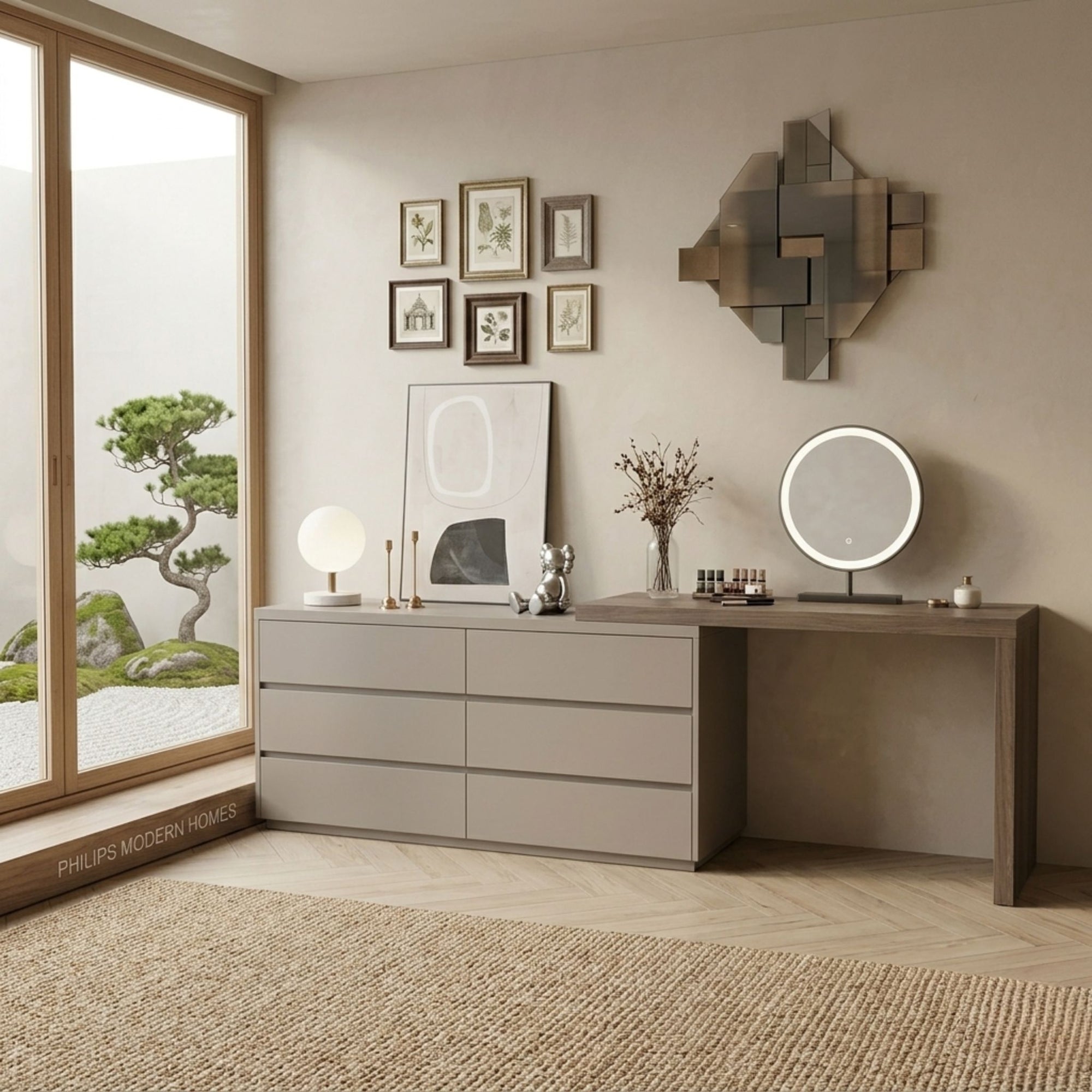 Modern Japandi-style bedroom featuring the Pavilion Grand Dressing Station in a warm neutral room with soft natural lighting, a bonsai tree, and architectural wood paneling