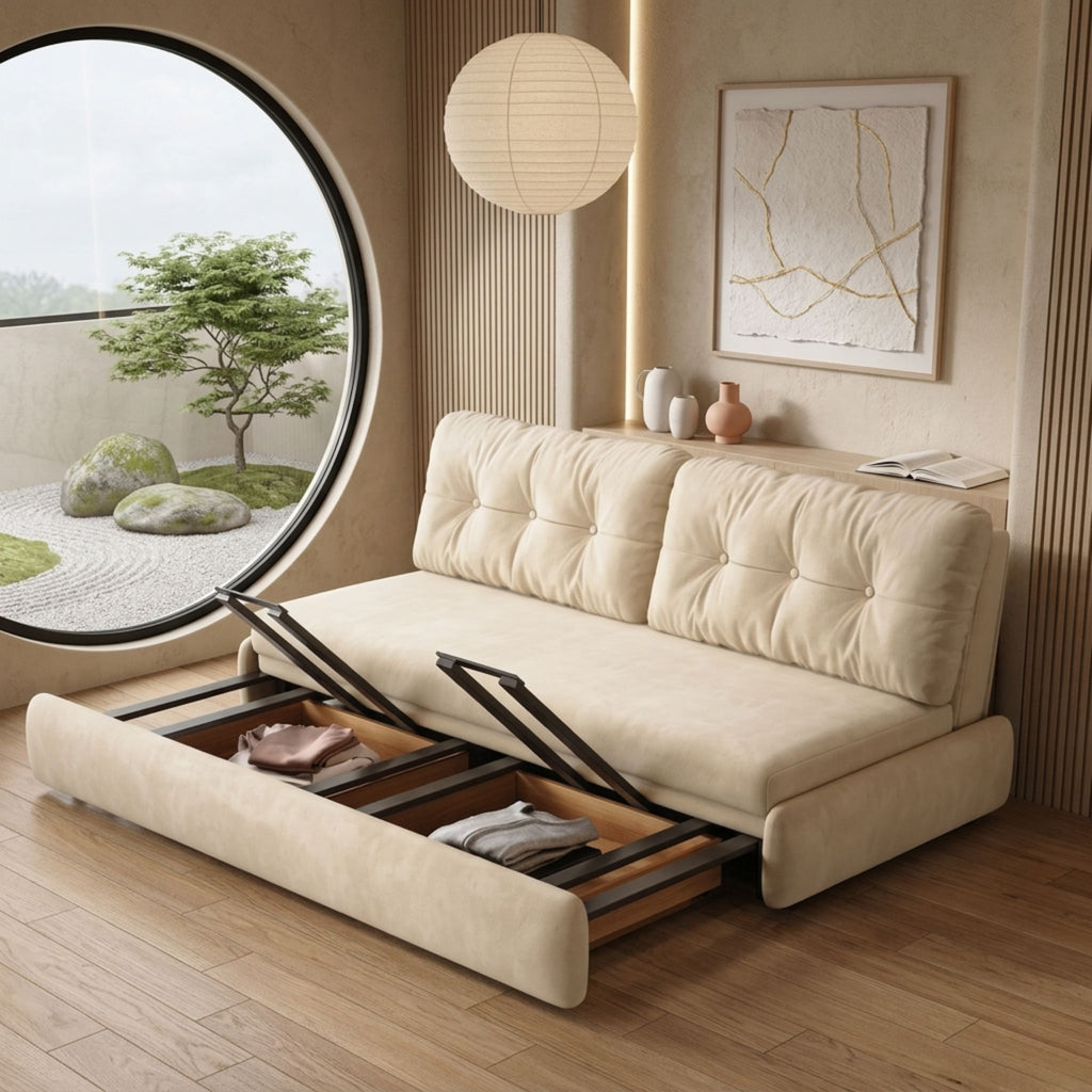 Minimalist Japandi-style living room featuring the Luna Crescent Bespoke Sleeper, styled with organic ceramics and a Zen-inspired moon window view.
