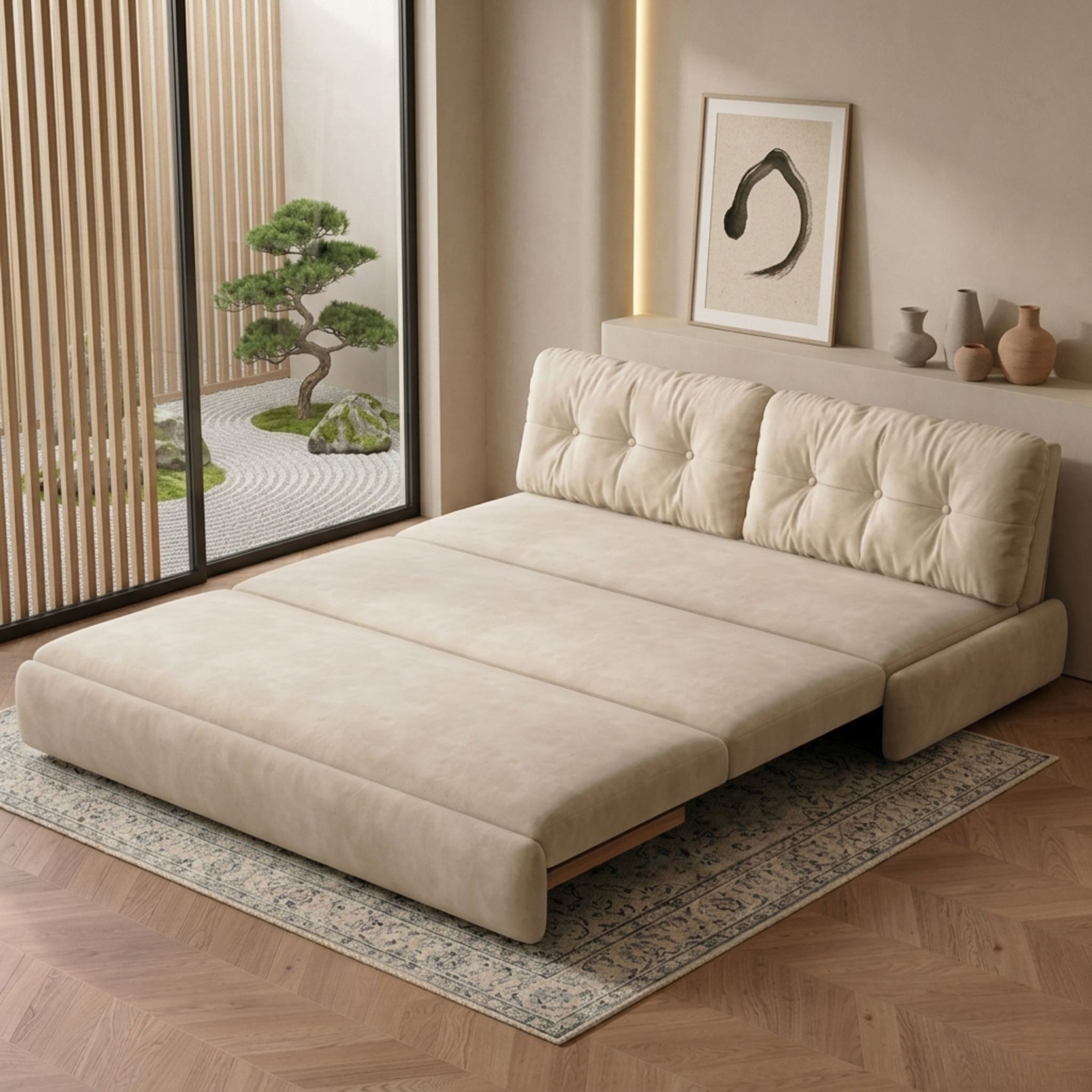 Side angle view of the Luna Crescent foldable sofa bed, showing the high-density foam depth and premium button-tufted upholstery finish.