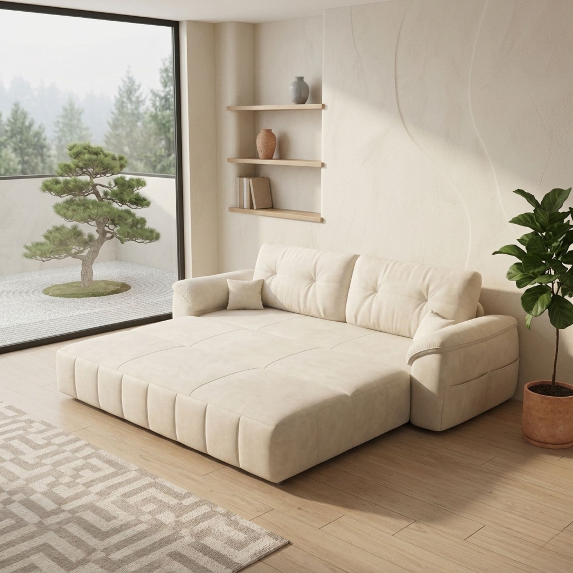 Close-up of the integrated armrest tech panel with USB-A and USB-C charging ports on the Philips Modern Homes multifunctional sofa bed.