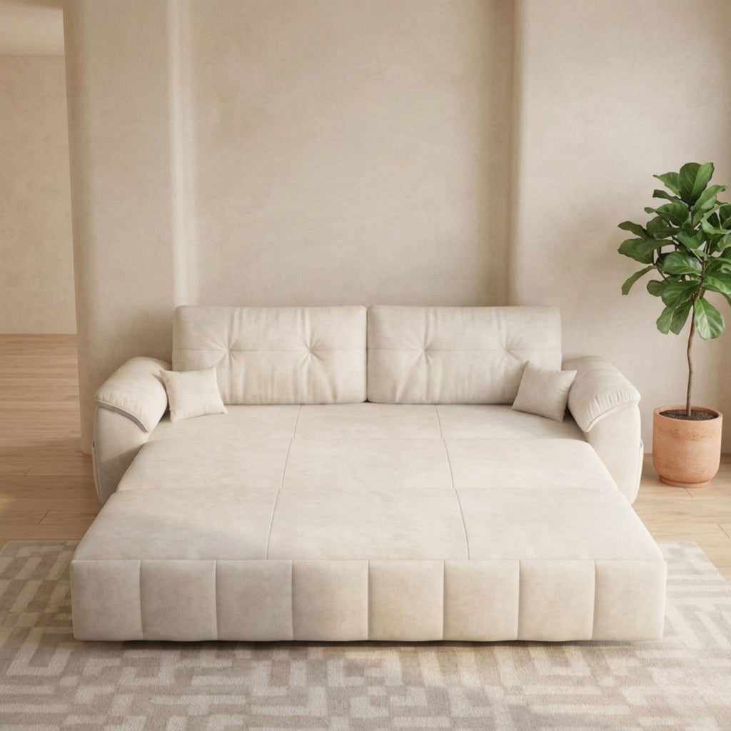 Philips Modern Homes cream velvet sofa bed featuring premium biscuit-tufting and high-density foam for a sophisticated, plush aesthetic.