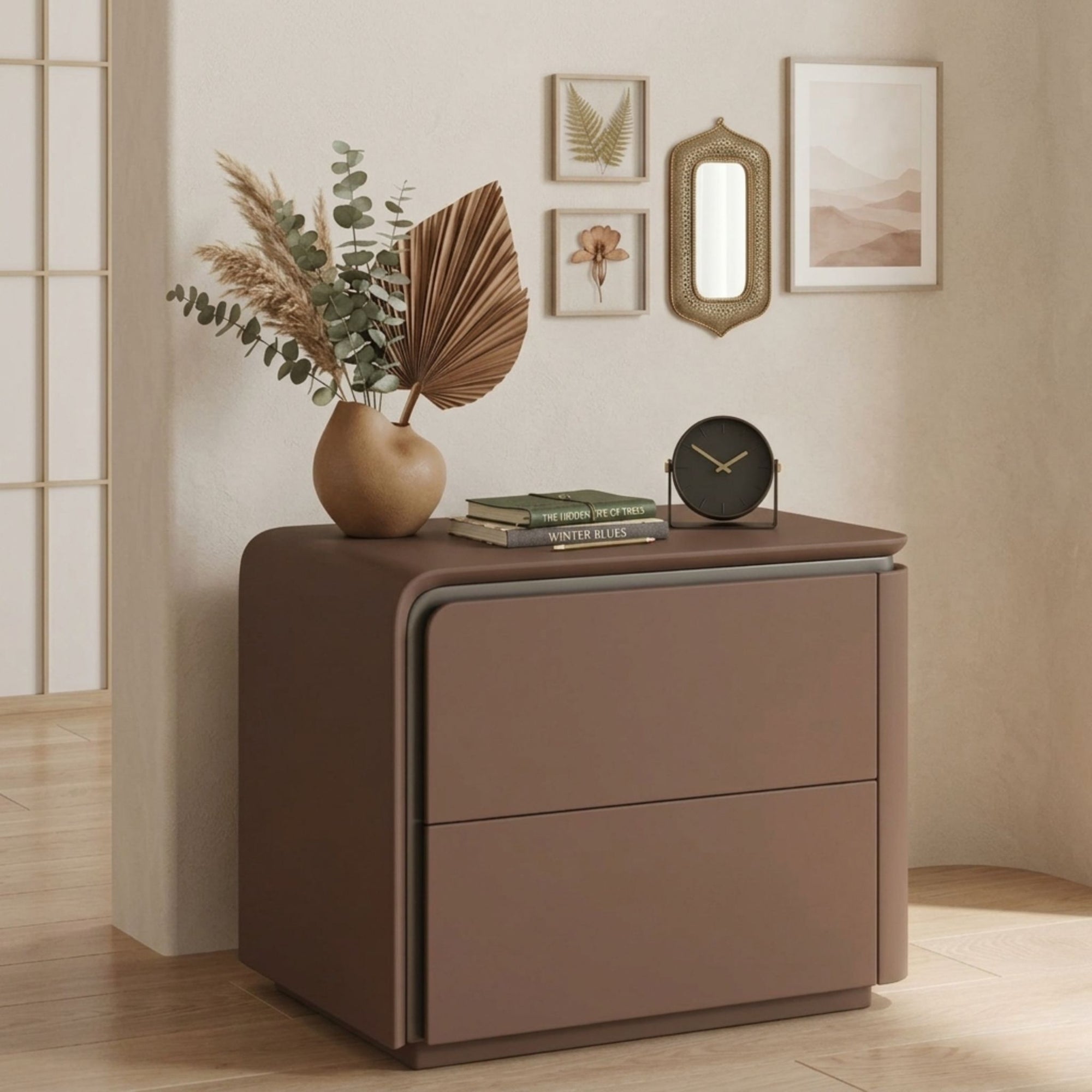 A top-down perspective of the Nordic Horizon nightstand surface showcasing the premium soft-touch matte finish and precise beveled edges