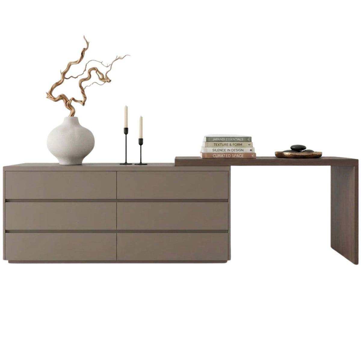 Modern dresser with decorative items on a white background