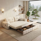 Integrated hidden storage compartment under the Philips Modern Home pull-out sofa bed, ideal for pillows and linens.