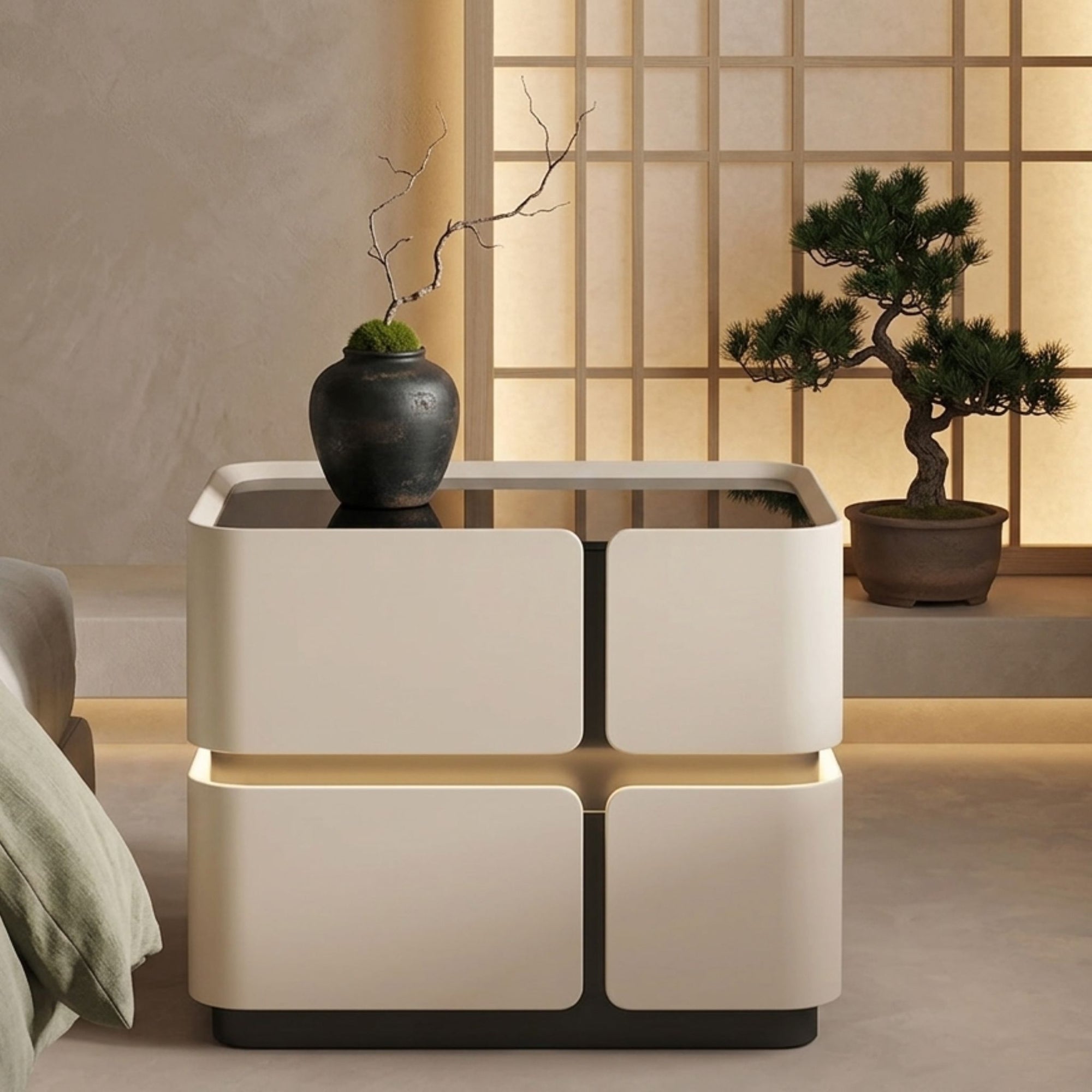 A Japandi-inspired lifestyle view of the Strata Linear nightstand in a contemporary bedroom setting with neutral tones and minimalist decor