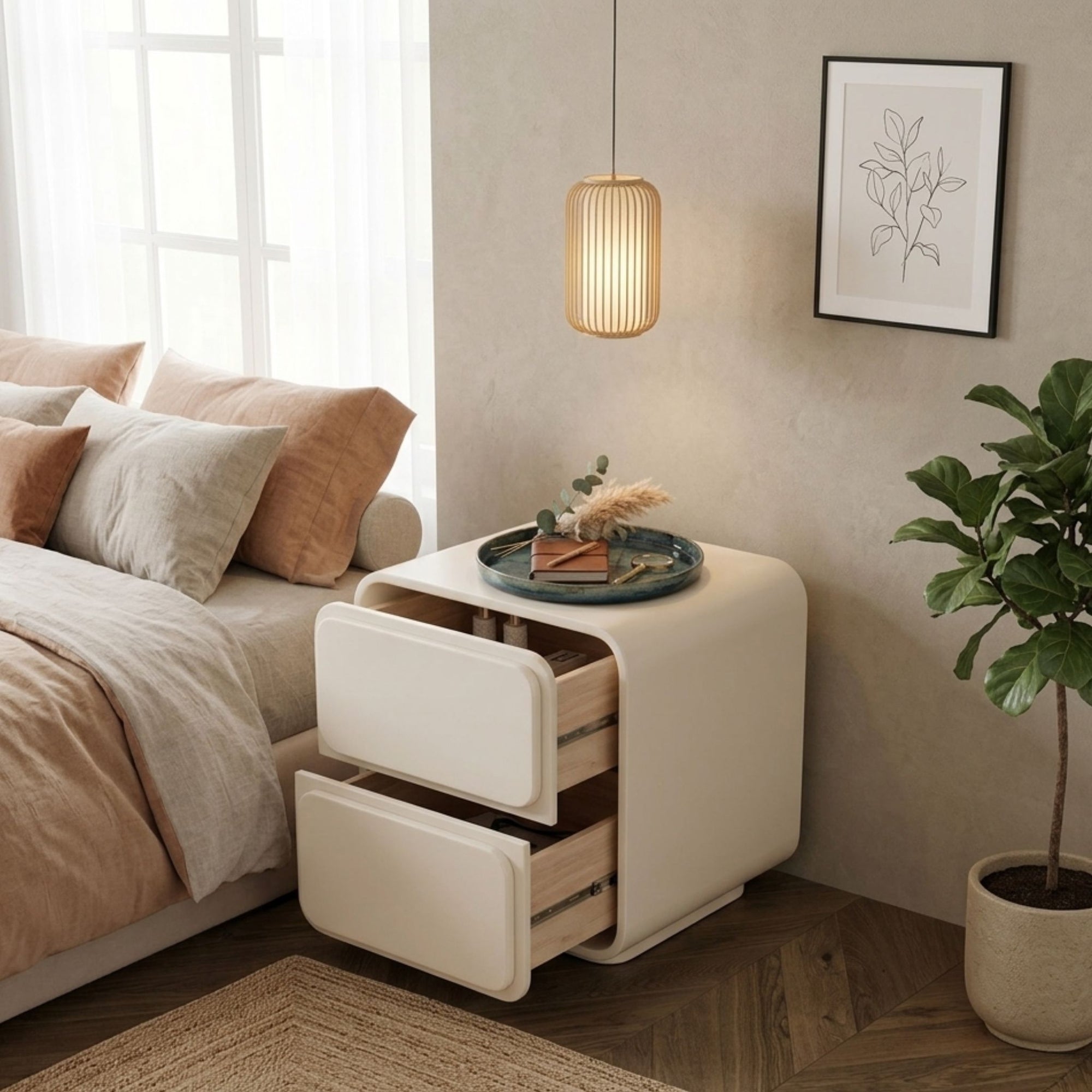 ZenCurve Minimalist Japandi Bedside Table styled in a serene bedroom setting with organic decor and neutral tones