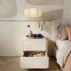 Close-up of the ZenCurve Minimalist Japandi Bedside Table showing the soft-close double drawer mechanism and architectural curves