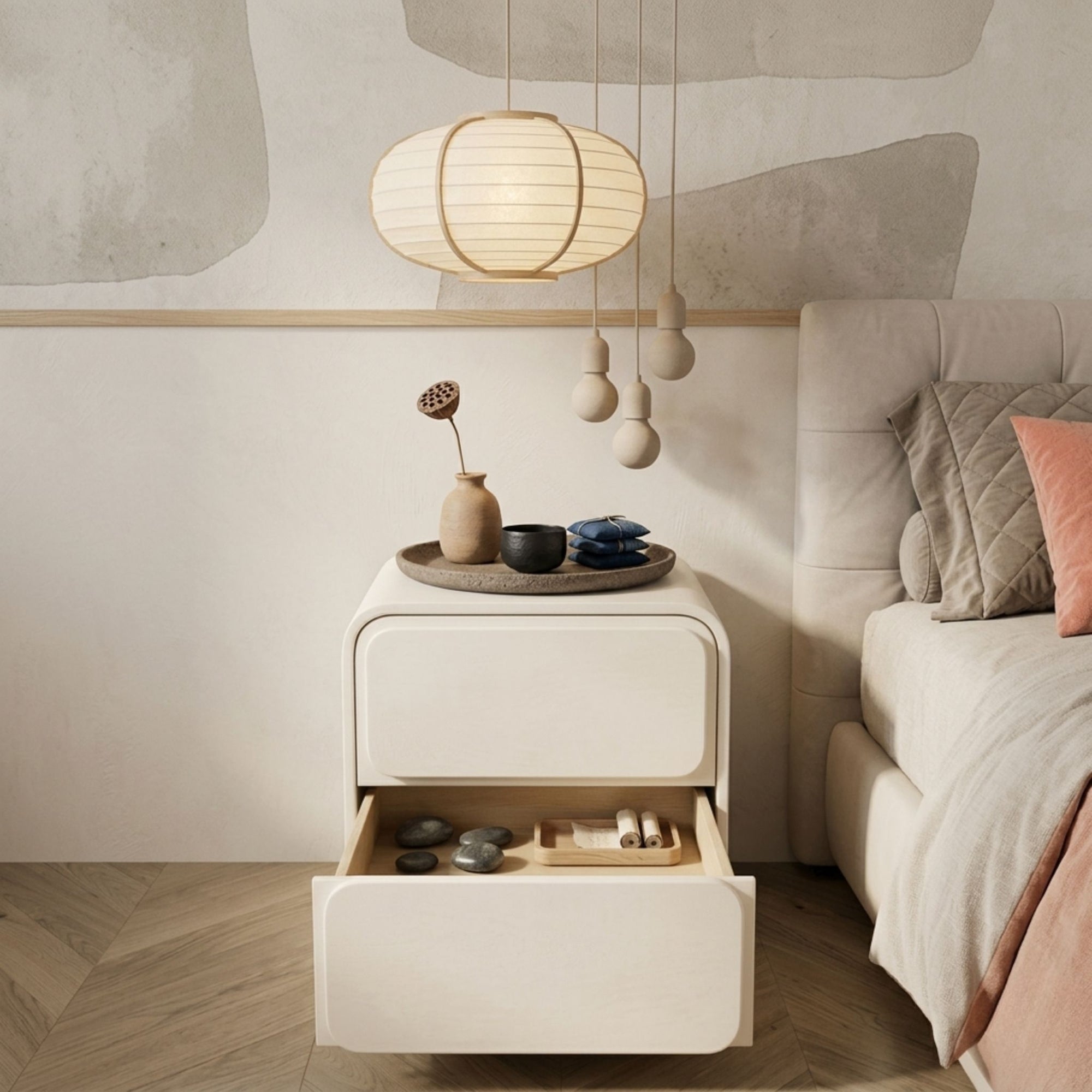 Close-up of the ZenCurve Minimalist Japandi Bedside Table showing the soft-close double drawer mechanism and architectural curves