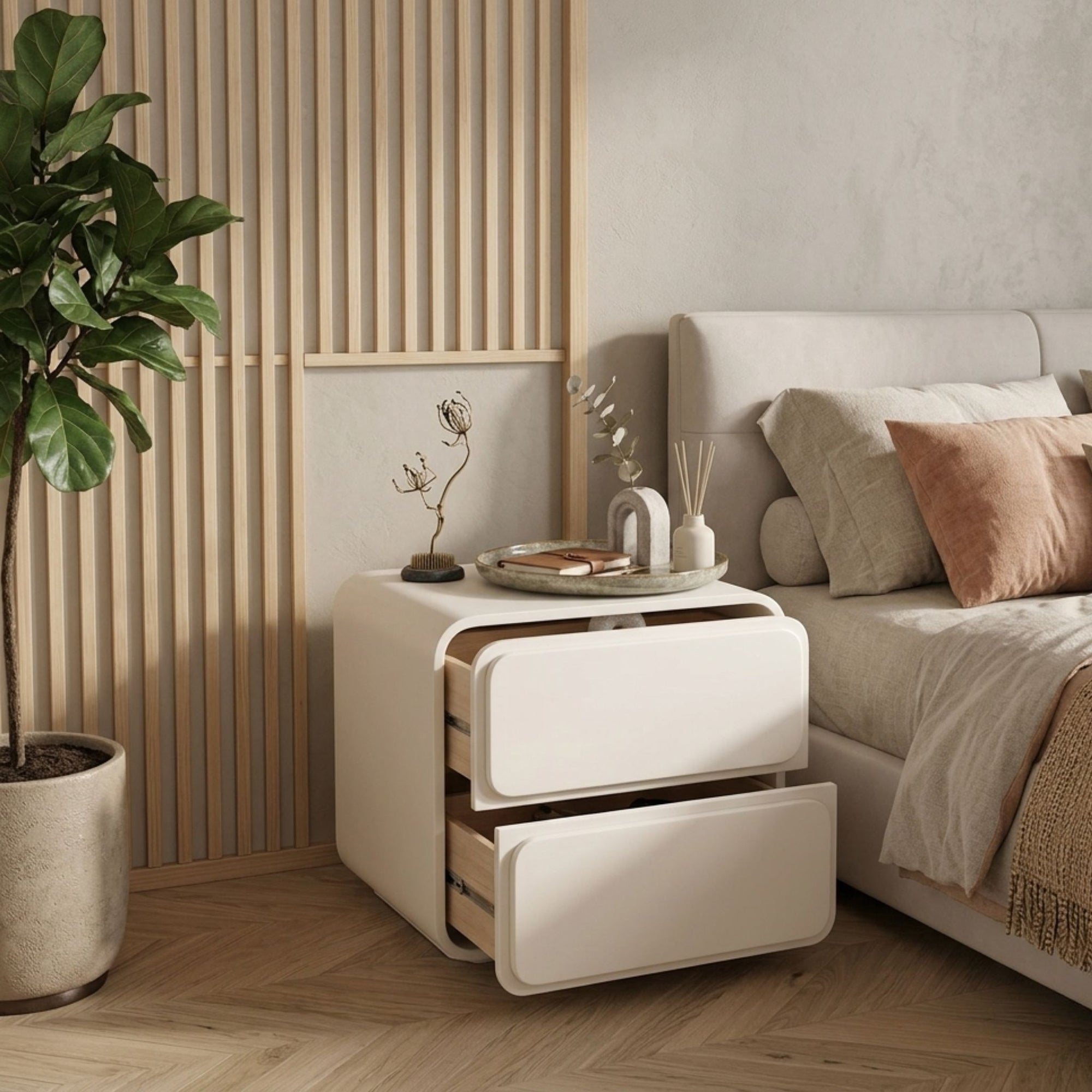 Close-up of the ZenCurve Minimalist Japandi Bedside Table showing the soft-close double drawer mechanism and architectural curves
