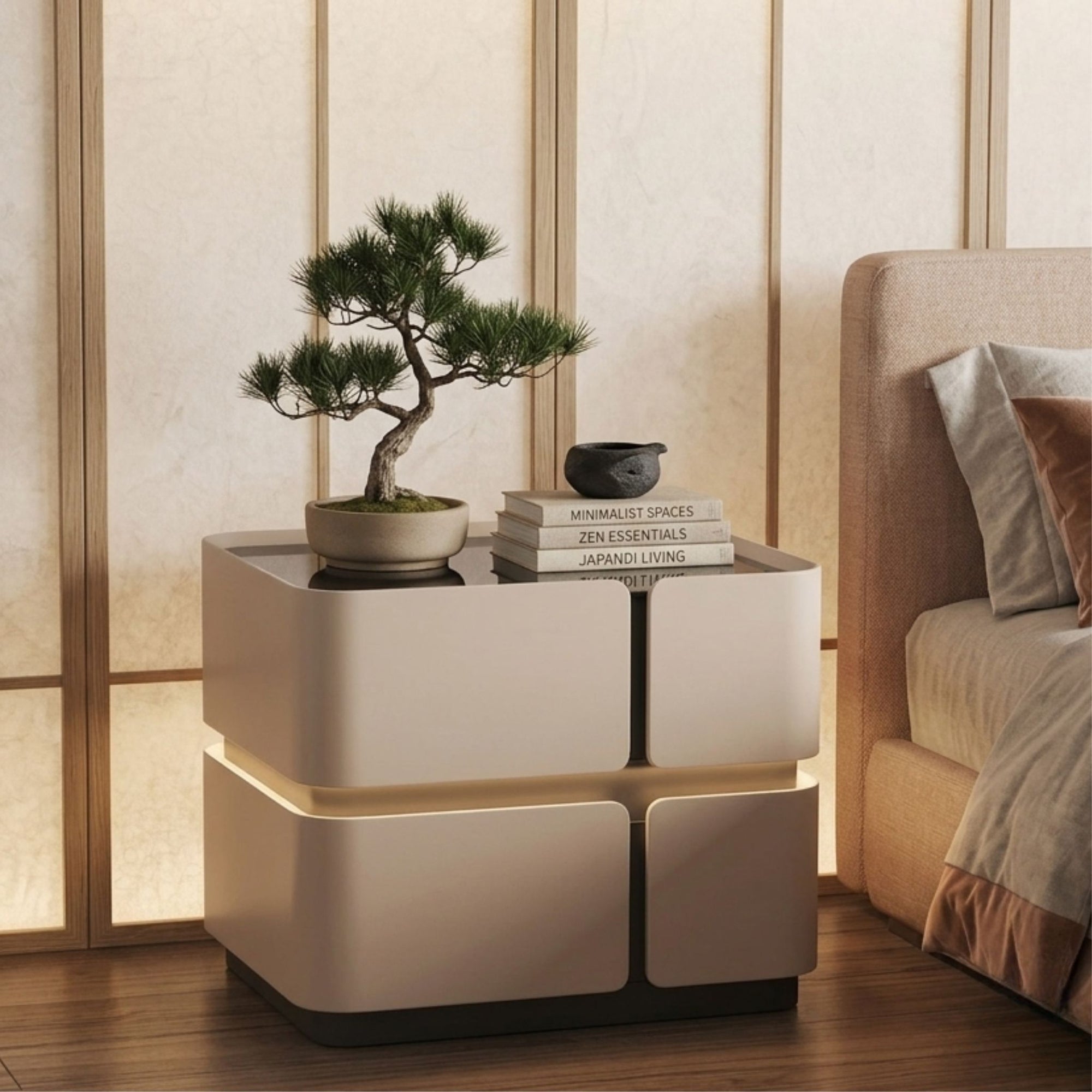 A detailed view of the Strata Linear 2-drawer bedside table highlighting the seamless drawer fronts and the modern recessed plinth base