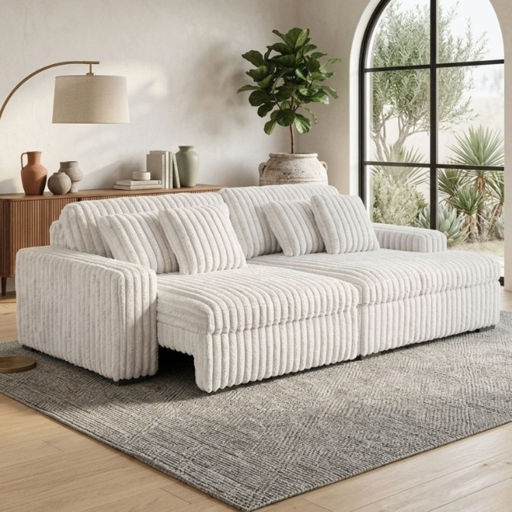 Close-up shot of the premium high-density corduroy upholstery used on the Haven modular sectional sofa