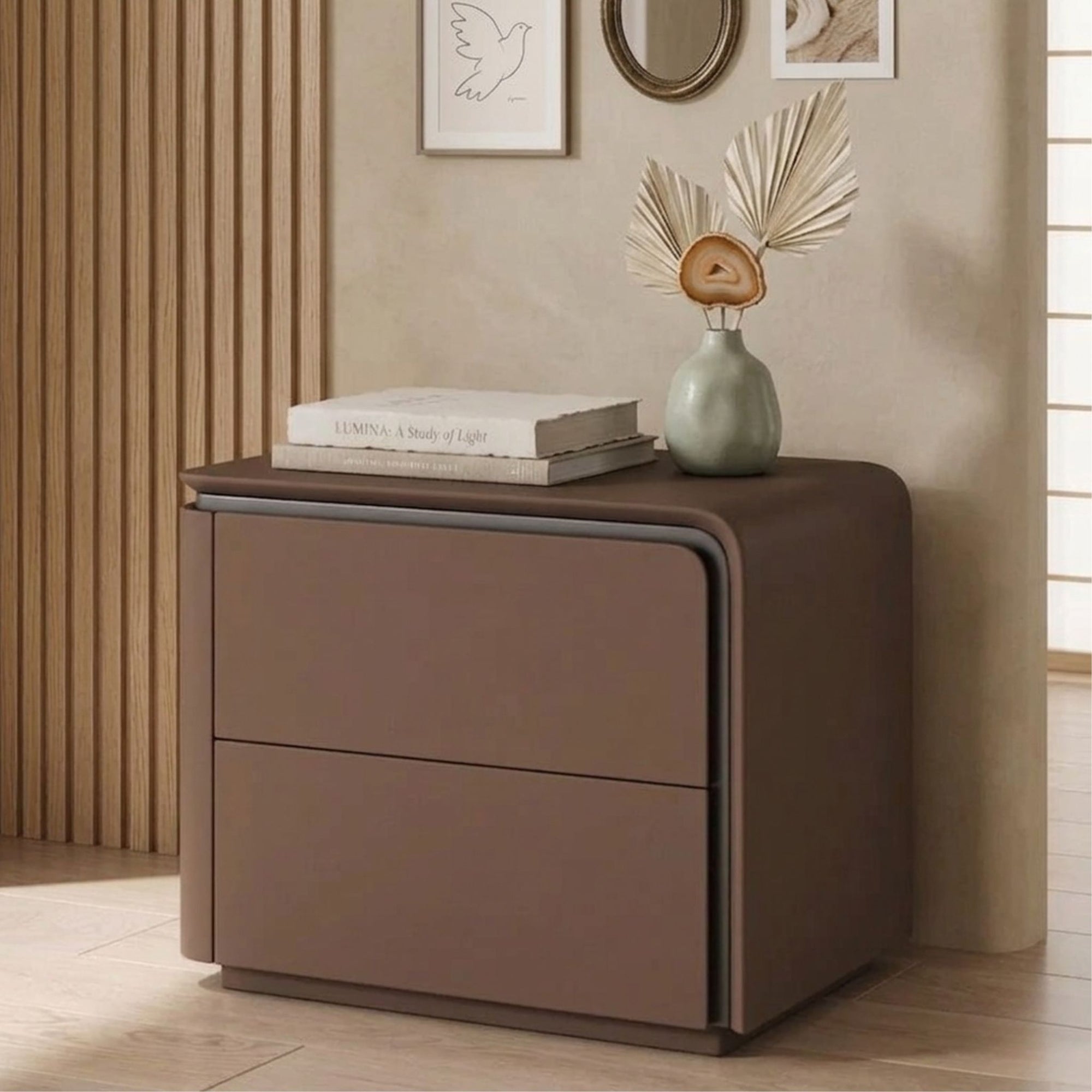 A detailed view of the Nordic Horizon dual-drawer bedside table highlighting the seamless drawer fronts and the modern recessed plinth base