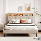 Wooden Platform Upholstered Bed Frame with with Storage Headboard.