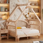 Detailed view of the soft cloud-shaped plush headboard and natural solid wood joinery on the Snug Harbor Canopy Bed