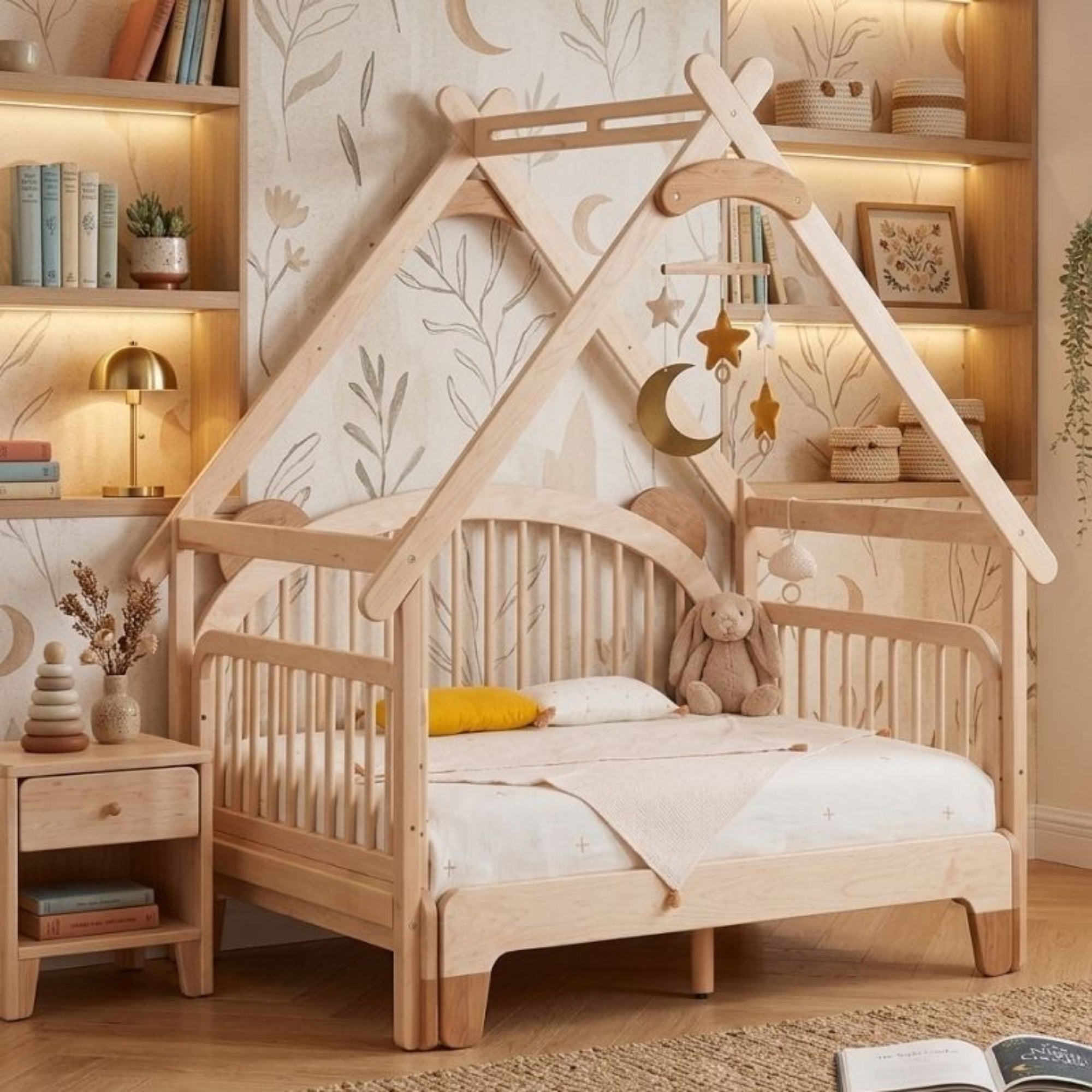 Detailed view of the soft cloud-shaped plush headboard and natural solid wood joinery on the Snug Harbor Canopy Bed