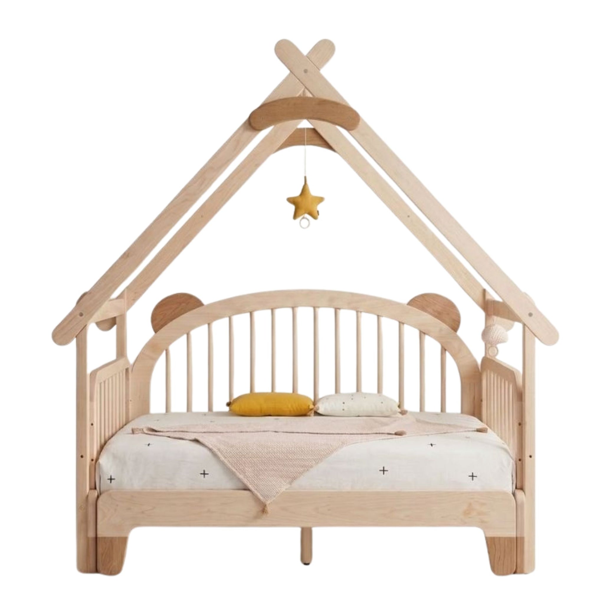 Snug Harbor Canopy Bedframe featuring a house-shaped solid wood structure and a plush cloud-shaped headboard, handcrafted by Philips Modern Homes