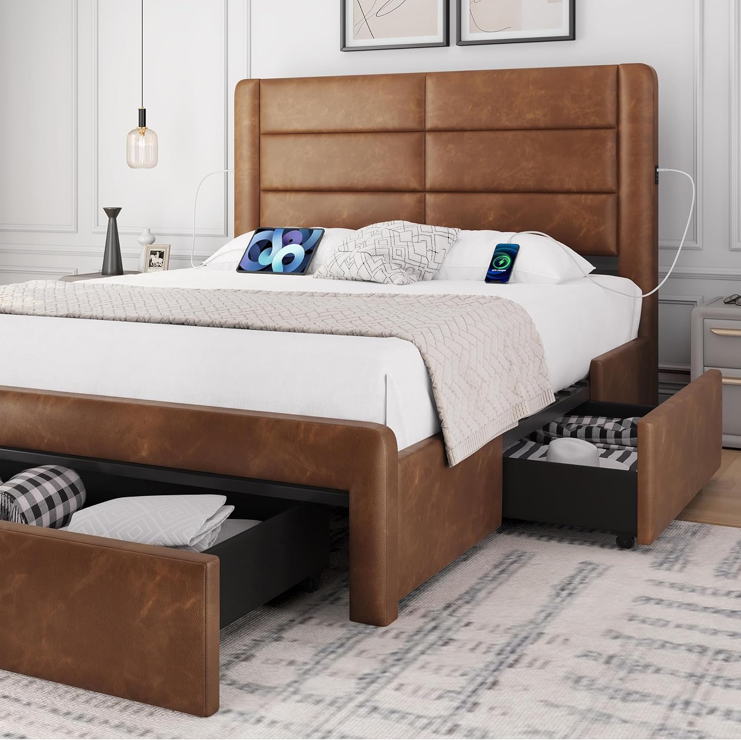 Modern Bed with Storage Drawers, USB Ports, High Upholstered Headboard