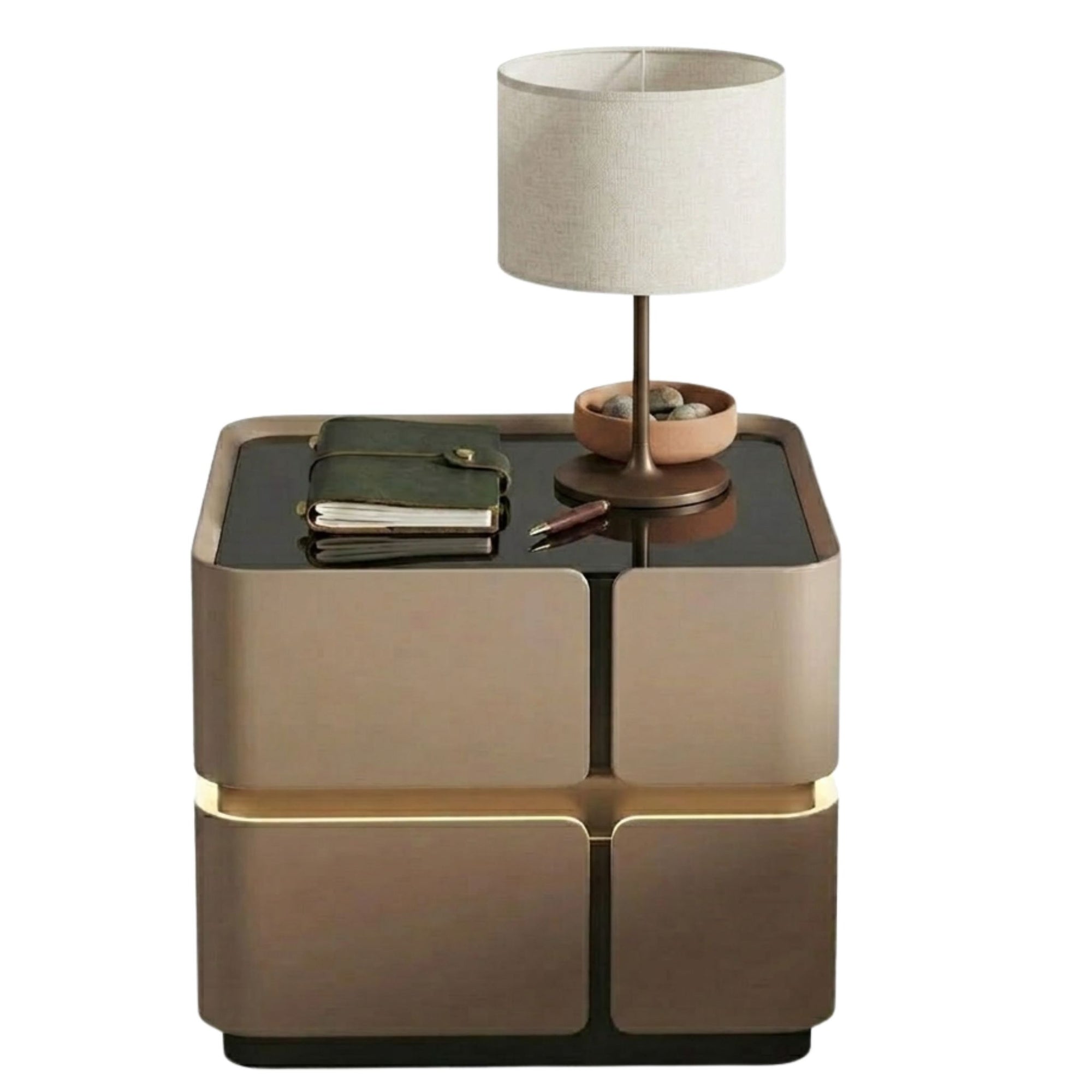 A high-angle shot of the Strata Linear Bedside Table featuring two handle-less drawers on a full white background and floor for a clean minimalist aesthetic