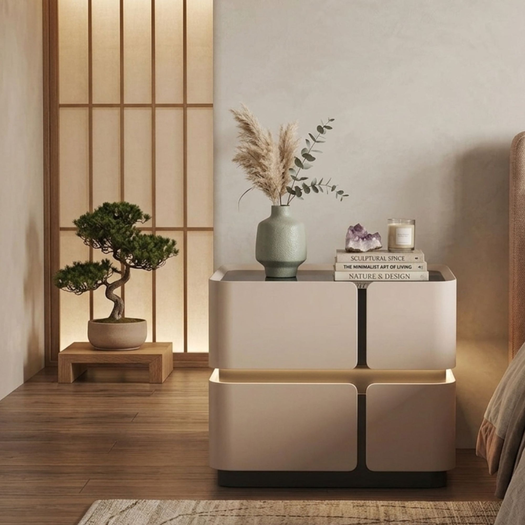 A top-down perspective of the Strata Linear nightstand surface showcasing the premium soft-touch matte finish and precise beveled edges