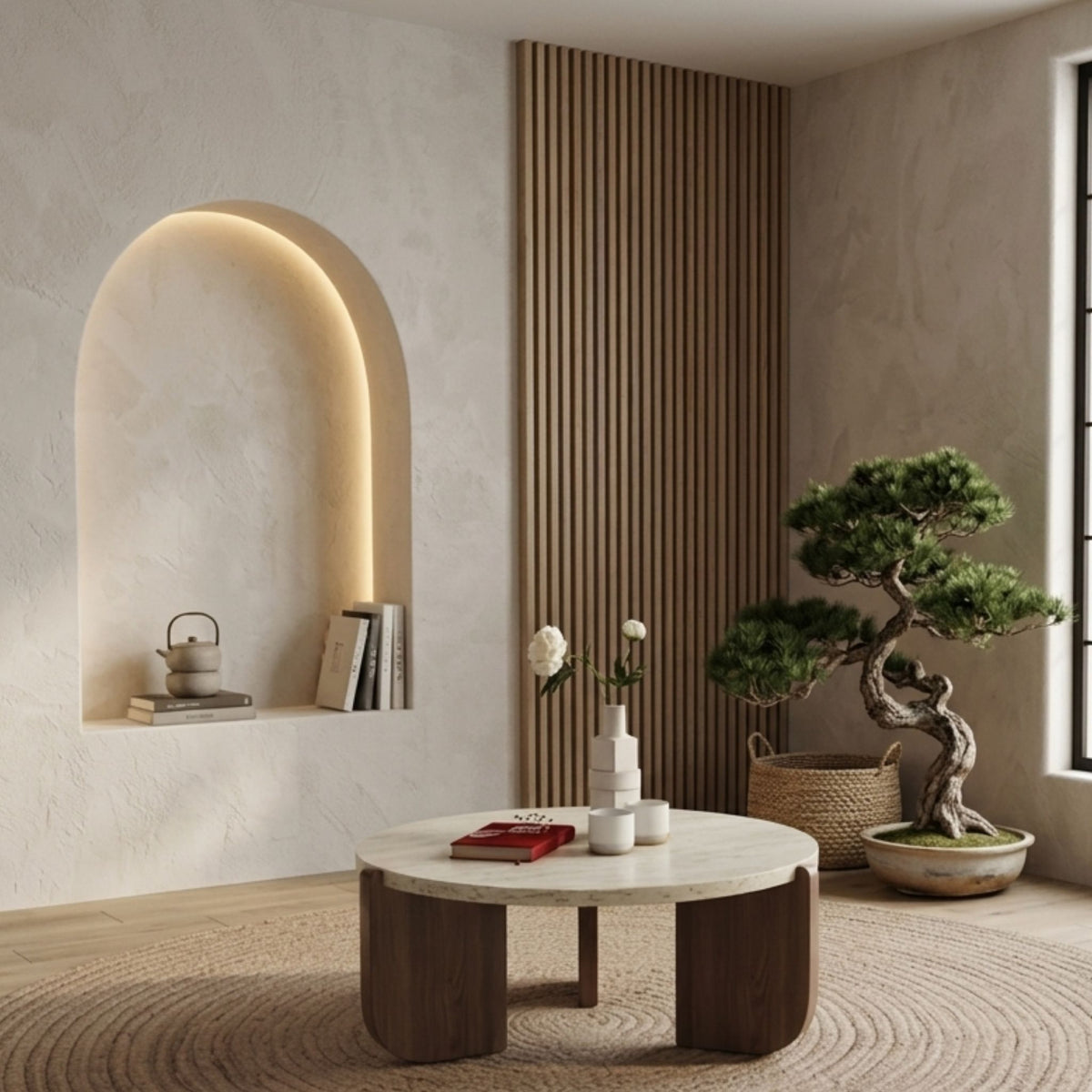 A lifestyle shot of the Terra Marble Coffee Table placed in an aesthetic minimalist interior with a lit architectural wall niche and warm wood paneling
