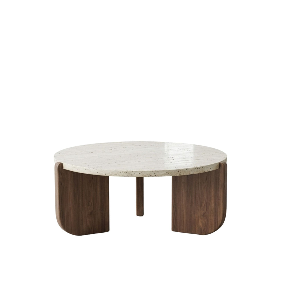 A professional studio photograph of the Terra Marble Occasional Coffee Table with a travertine stone top and dark wood base, isolated on a clean, pure white background for GMC compliance