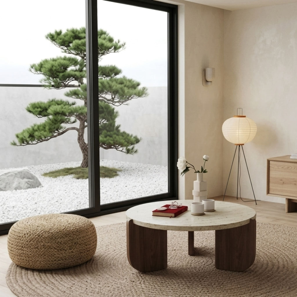 The Terra Marble Coffee Table styled in a minimalist Japandi living room featuring a neutral jute rug, a large bonsai tree, and natural light