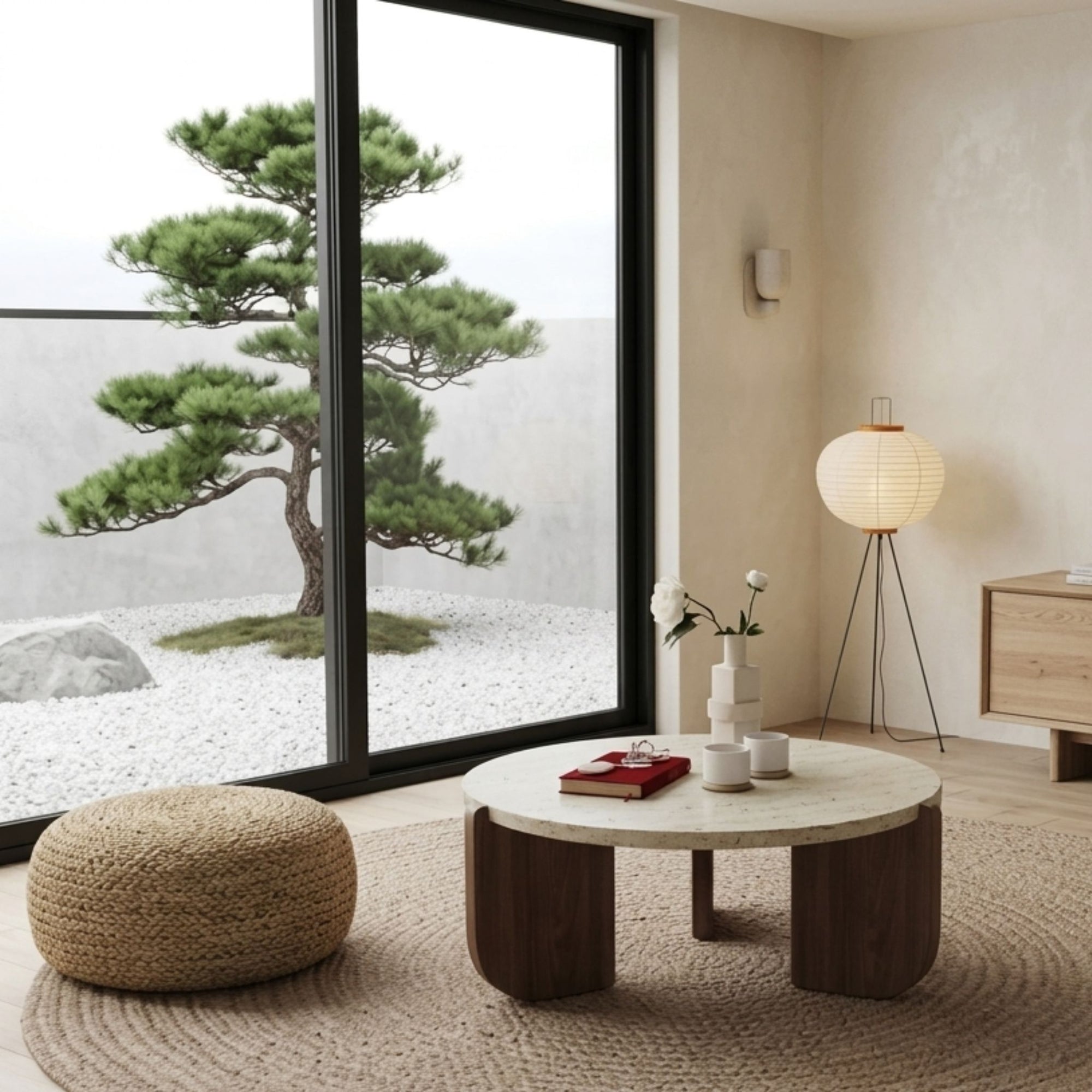 The Terra Marble Coffee Table styled in a minimalist Japandi living room featuring a neutral jute rug, a large bonsai tree, and natural light