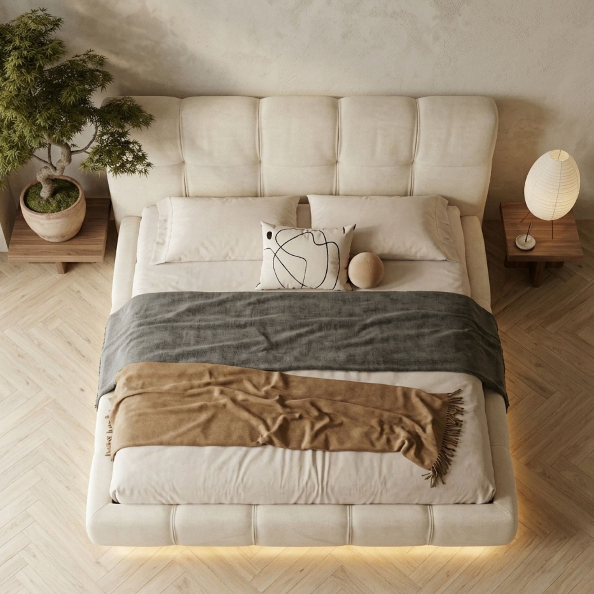 Overhead architectural view of the Kira Edge Bed Frame showcasing the modular tufted upholstery in a minimalist Japandi setting