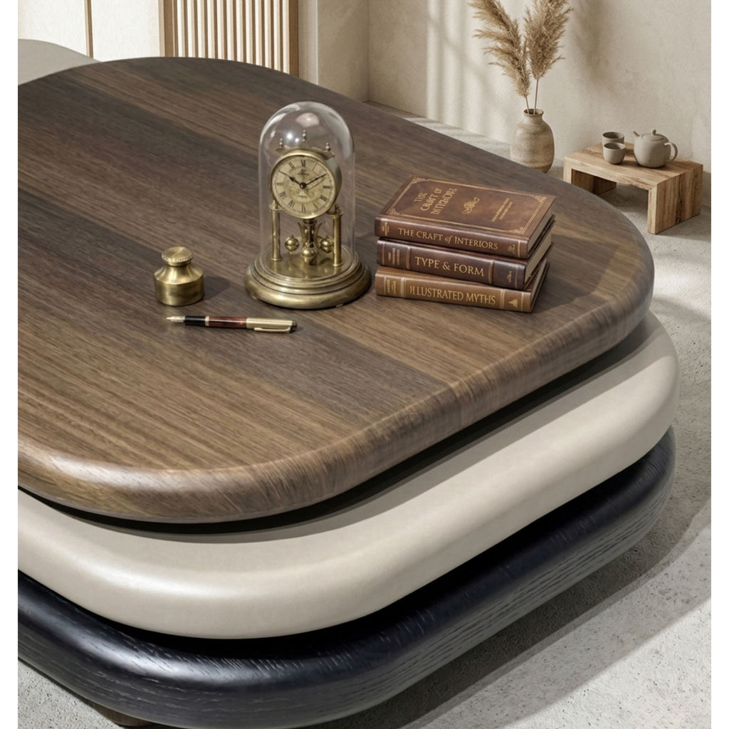 Close-up perspective of the 360-degree tri-axis rotating mechanism on a multi-tier coffee table, showcasing the architectural layers and wood grain finish