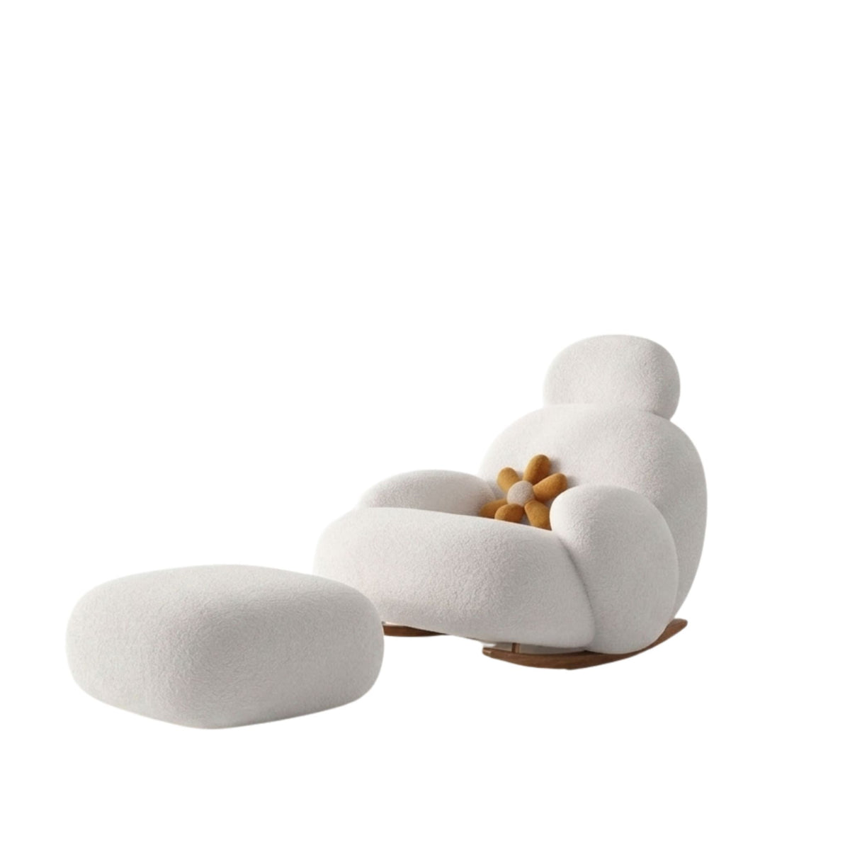 A detailed studio product photograph of the Velia Premium Ergonomic Lazy Sofa Rocking Chair in white boucle fabric with its matching ottoman, set against a seamless, pure white background to highlight its sculptural form and wood rocker base