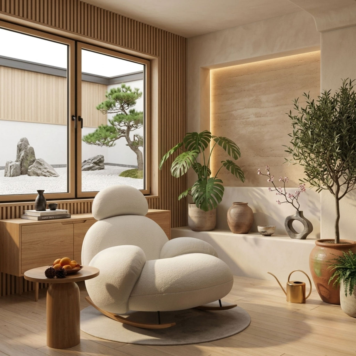 A styled perspective of the Velia rocking chair and ottoman in a minimalist, light-filled nursery setting on a jute rug, showing a cozy corner perfect for feeding and relaxation, beside simplified Japandi decor