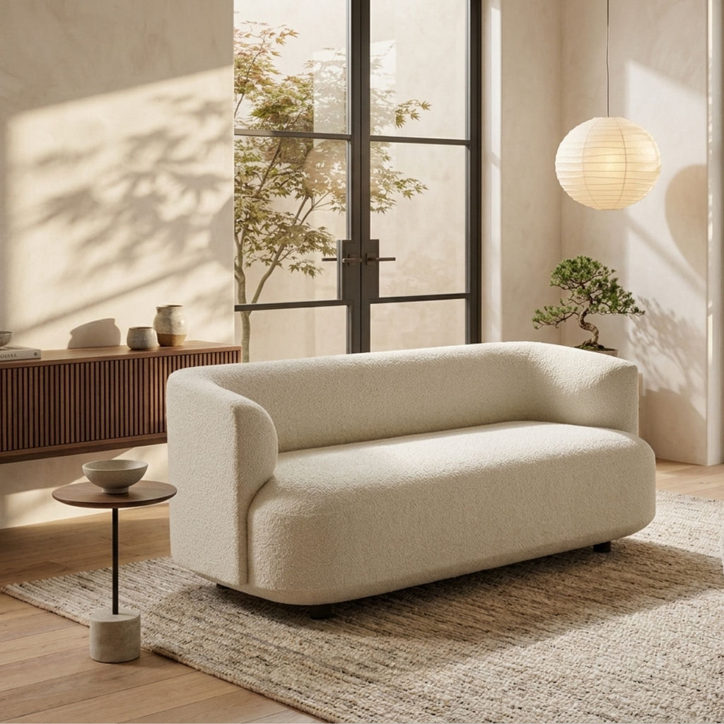 Cream White Bouclé Minimalist Sofa Set by Philips Modern Homes in an aesthetic living room setting.